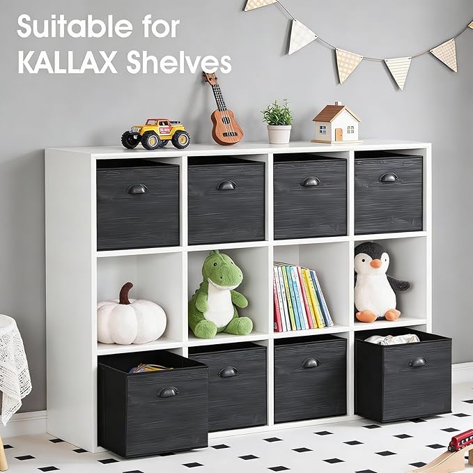 homyfort Fabric Cube Storage Organizer Bins, 12x12 Inch Black Wood Grain Printing Storage Cubes, Closet Cloth Baskets Box For Shelves, Set of 6