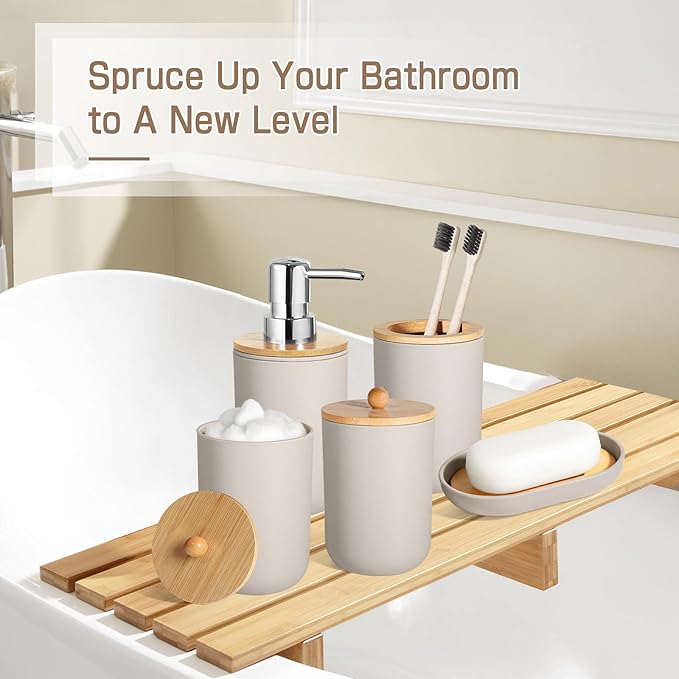 Bathroom Accessories Set 5 Pcs, Plastic Beige Bathroom Decor, Soap Dispenser and Toothbrush Holder Set, Soap Dish, Cotton Swab Jar, Bathroom Set, Boho Bathroom Organizer Accessory