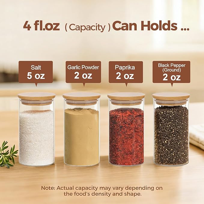 ComSaf Spice Jars with Label 4oz 16 Pack, Glass Spice Jars with Bamboo Lid, Small Seasoning Containers with 54 Black Labels, Stackable for Kitchen, Pantry Organization, Loose Tea, Herbs, Powders, Salt
