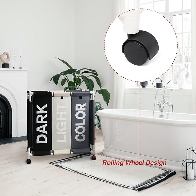 Laundry Basket 3 Section Freestanding Laundry Hamper Dirty Clothes Basket Sorter with Lid and Rolling Wheel, White+Dark+Grey