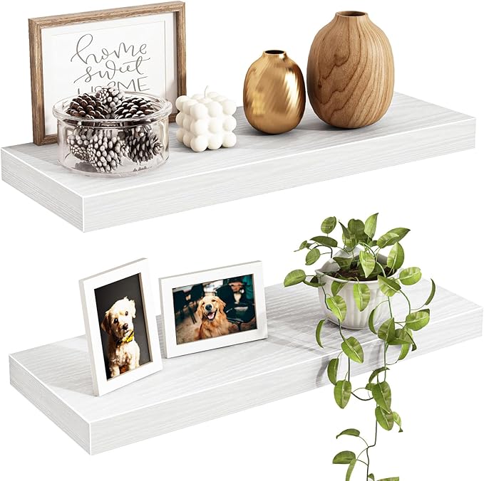 Fixwal Floating Shelves for Wall, 15.7" Wood Wall Mounted Shelves for Living Room, Bedroom, Bathroom and Kitchen, for Storage, Books, Room Decor (White, Set of 2)