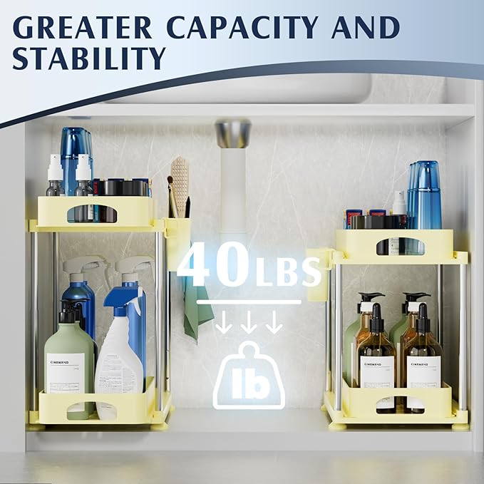 VERIFOST 2 Pack Under Sink Organizers and Storage, Height Adjustable Bathroom Cabinet Organizer, 2 Tier Under Sink Organizer with Hooks, Under Cabinet Organizer for Kitchen Bathroom (Yellow