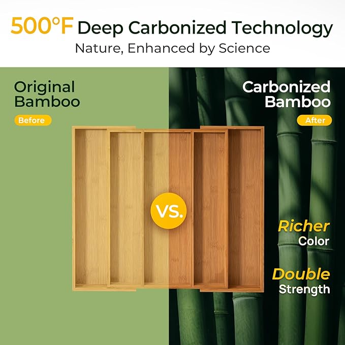 Carbonized Bamboo Kitchen Drawer Organizer, 5 Slots Expandable Silverware Organizer, Utensil Holder & Cutlery Tray, 2.2" Deep for Extra Capacity, Non-Slip Feet Included.