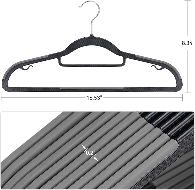 NCXTKJ Coat Hangers 50 Pack, Plastic Clothes Hangers Non Slip with Rubber Grip, Heavy Duty Hanger with 360° Swivel Metal Hook, Ultra Thin Hangers Space Saving for Closet Organizer, Black and Dark Gray