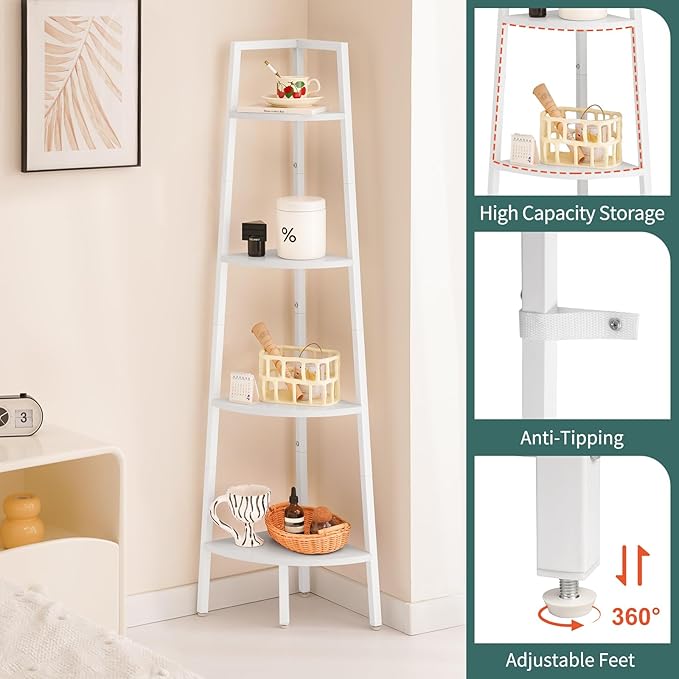 Yoobure Corner Shelf, 4-Tier Corner Bookshelf with Metal Frame & Wood Ladder Shelves - Display Shelf & Tall Bookcase, Plant Stand for Home Decor - Bedroom, Living Room, Office