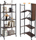 5-Tier Foldable Storage Shelves with Wheels, Folding Metal Shelf Unit, Folding Bookshelf no Assembly, Collapsible Shelves for Craft Shows for Kitchen, Bedroom, Living Room, Rustic Brown