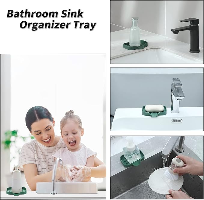 MicoYang Silicone Bathroom Soap Dishes with Drain Spout-Bathroom and Kitchen Sink Organizer,Sponge Holder,Dish Soap Tray,Perfect for Dispenser,Scrubber,Bottle,Cup on Sink or Counter-Green 4.9"×3.2"