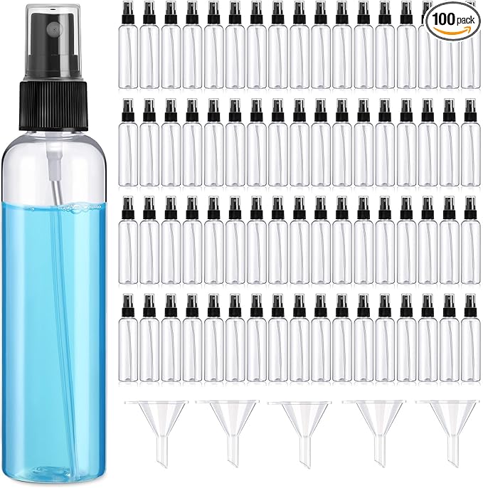 Layhit 100 Pcs Small Spray Bottles 4 Oz/120ml Clear Plastic Spray with 5 Pcs Small Funnels Mini Empty Fine Mist Bottles for Essential Oils Travel Perfumes