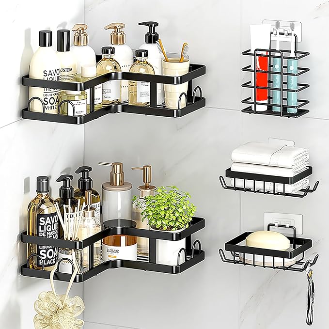 HOREAKHJ Shower Caddy Adhesive Replacement Hooks, Strong Waterproof Strips, No Drilling for Bathroom Shelves, Kitchen Racks, and Soap Holders (Transparent-6 Pack 1&3 Hook)