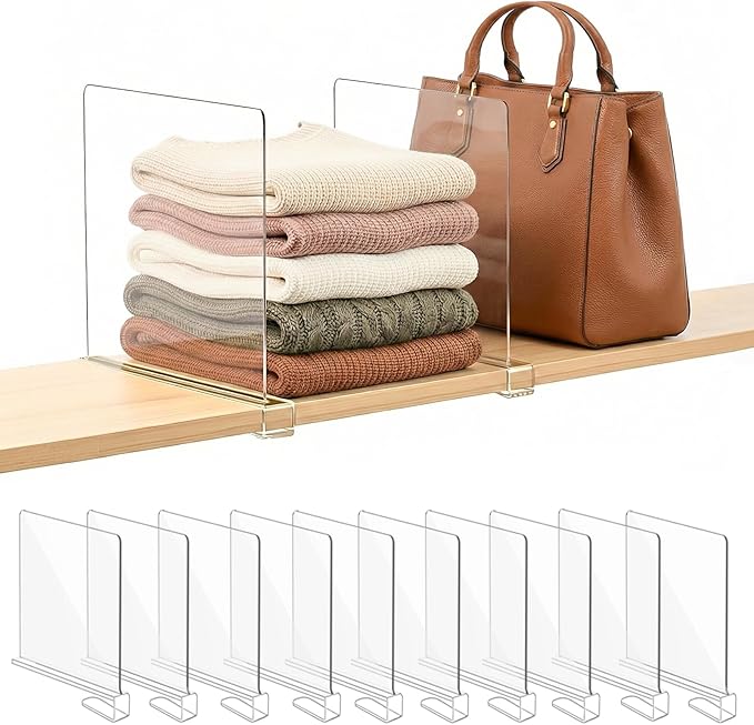 Shelf Dividers Purse Organizer for Closet: 11-inch Tall(Higher Version) Acrylic Sweater Organizer - Upgraded Extra Height for Large Handbags, Totes, Clothes, Towels on Wood Shelves 10-Pack