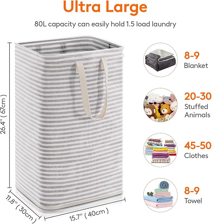 Lifewit 1 Pack Laundry Hamper Large Collapsible Laundry Baskets, Freestanding Waterproof Clothes Hamper with Easy Carry Handles in Laundry Room Bedroom Bathroom College Dorm, Grey, 80L