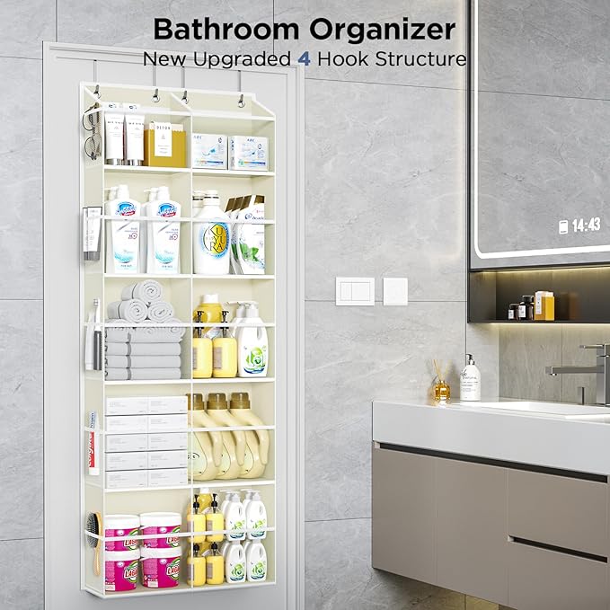 2 Pack 5-Tier Over The Door Organizer with 10 Side Mesh Pockets & Clear Windows, 80 lbs Weight Capacity Hanging Storage for Bathroom, Bedroom, Nursery, Kitchen, Organize Shoes, Diapers(Clear Beige)
