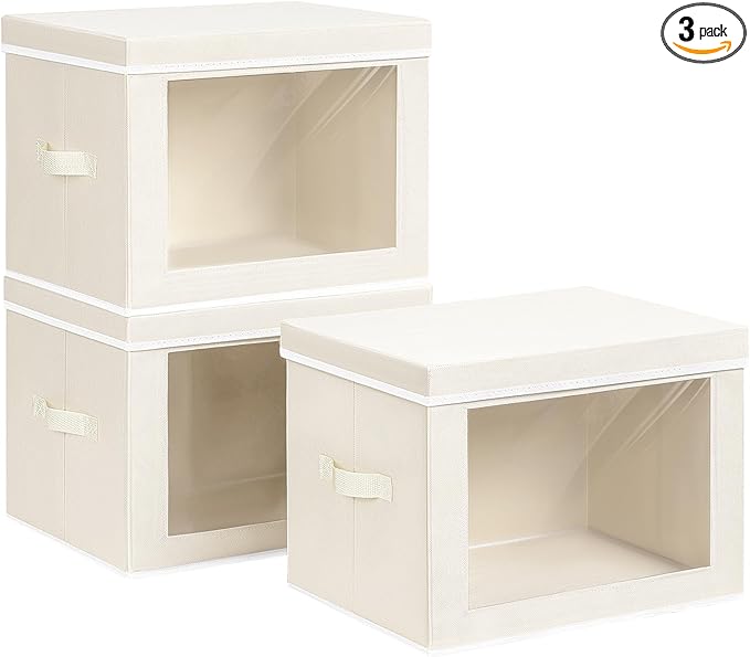 Storage Bins with Lids, 3 Pack Large Storage Cubes with Window, Closet Bins with Lids & Handles, Fabric Box for Organizing Clothes, Towels, Books, Beige