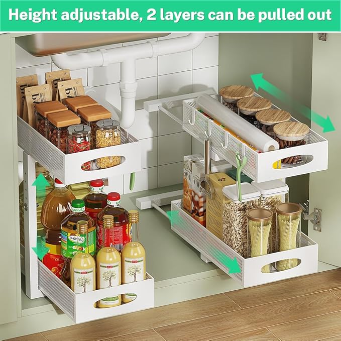 Under Sink Organizer 2 Tier, Pull Out Cabinet Storage with 5-Level Adjustable Height, Thickened Carbon Steel Sliding Under Cabinet Shelf for Kitchen, Bathroom, Laundry Room, White, 2-Pack