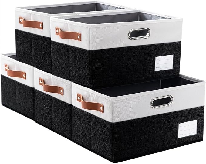 PRANDOM Larger Foldable Storage Bins with Handles [5-Pack] Fabric Collapsible Storage Boxes Baskets Cubes Containers with Handles for Closet Living Room Bedroom (Black & White 17.3x12.2x10.4'')