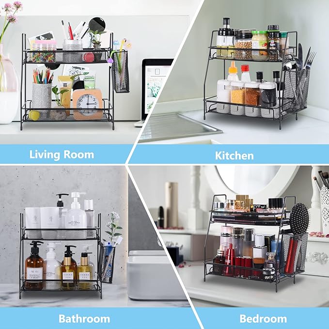 LEMIKKLE Countertop Organizer for Bathroom Counter, The Organizer for Bedroom, Spice Rack Organizer for Kitchen Counter Shelf with Small Basket(Black)
