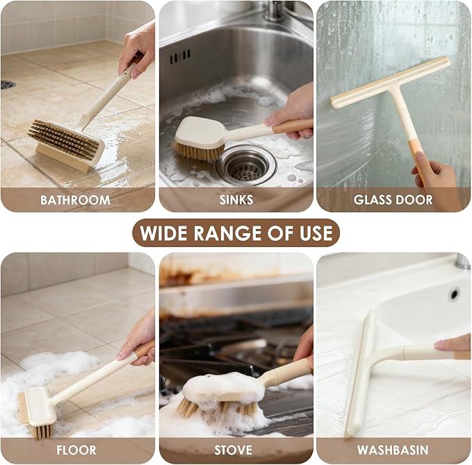 3 Pack Hard Bristle Scrub Brush Set with Long Wooden Handle, 2-in-1 Heavy-Duty Scrubbing Brushes with Scraper Strip, Glass Shower Squeegee, Cleaning Brush for Bathroom, Shower, Floor, Bathtub, Walls