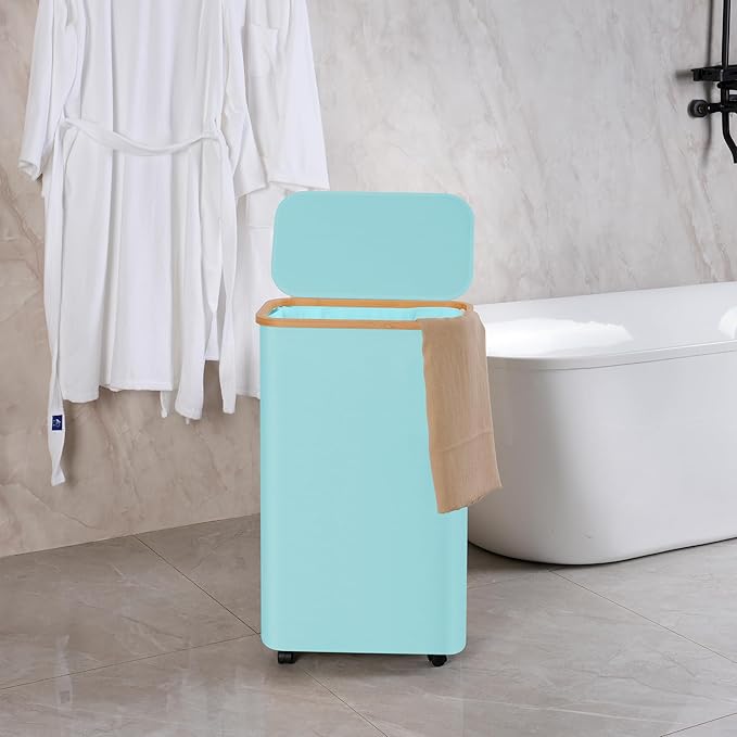 efluky Laundry Basket with Wheels, Tall Rolling Laundry Hamper with Lid and Removable Bag, Aesthetic Dirty Clothes Hamper on Wheels for Laundry Room, Bedroom, Dorm and Bathroom, 75L Glacier Blue