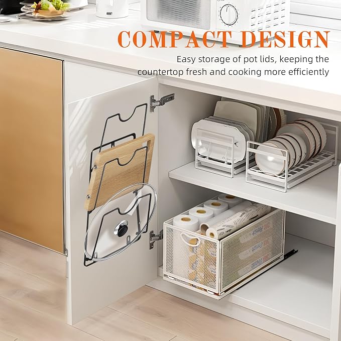 HABIC Pot Lid Organizer Rack, 3-Tier Pot Lids Holder for Cabinet Door/Wall, No Drilling Adhesive Wall/Door Mounted Rustproof Pot and Pan Cover for Kitchen Storage, Modern (black)