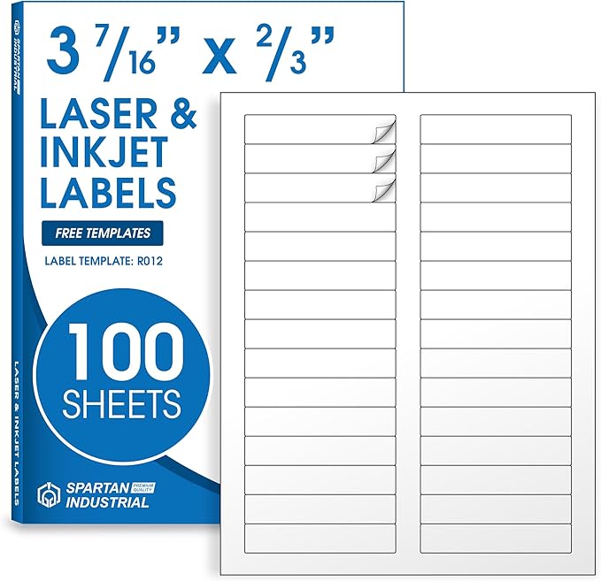 3 7/16" X 2/3" Matte White Printable Labels for Inkjet and Laser Printers - 100 Sheets, 3000 Custom Stickers, File Folder Labels, Return Address Stickers, Price Tags - Spartan Industrial Template R012