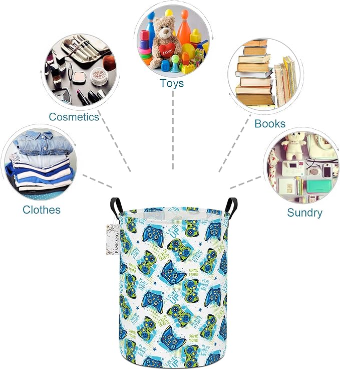 FANKANG Storage Basket, Nursery Hamper Canvas Laundry Basket Foldable with Waterproof PE Coating Large Storage Baskets for Kids Boys and Girls, Office, Bedroom, Clothes,Toys(Game)