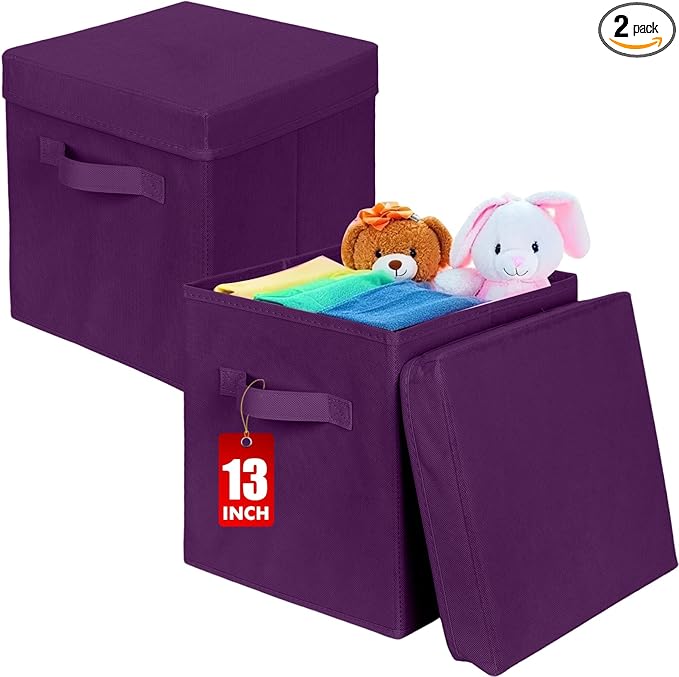 ShellKingdom Storage Bins, Foldable Fabric Storage Cubes with Lid, Clothes Storage Organizer Drawer For Closet Toys Storage, 13 X 13 X 13 INCH, 2 Pack (Purple)