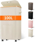 Laundry Basket with Wheels, Tall Dirty Clothes Hamper on Wheels, Rolling Laundry Hamper with lid for Dorm, Bedroom and Bathroom (Beige, 100L)