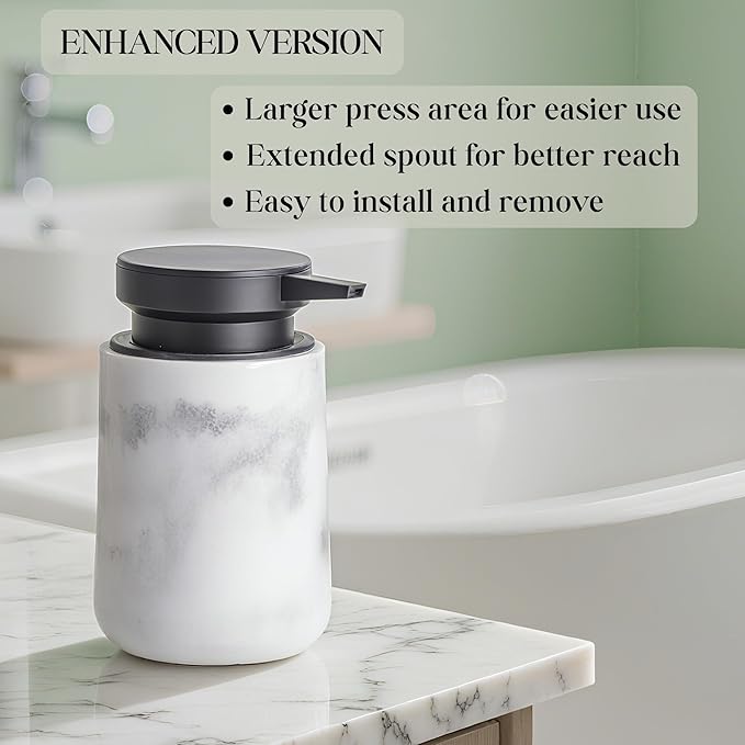Liquid Soap Dispenser with Easy-to-Press Pump, 10 oz Refillable Hand Soap Dispenser with Extended Spout for Bathroom Kitchen Dish Lotion, Modern Stone Texture (White)