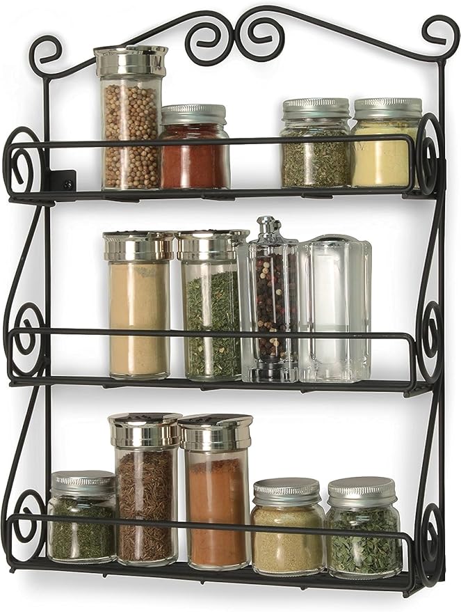 FitWell Scroll Wall Mount Spice Rack, 3-Tier, Traditional Spice Rack Cabinet & Kitchen, Beauty & Nail Polish Organizer for Bathroom, Scroll Wall-Mounted (Black)