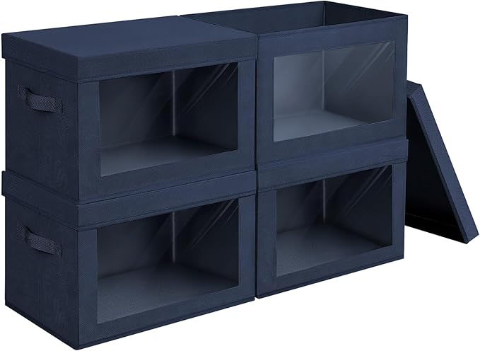 Stackable Storage Bins with Lids - Large Storage Box with Lids, Foldable Closet Boxes for Organizing, Wardrobe Clothes Organizer with Window, Cubes Bins for Living Room, 4 Pack, Navy Blue