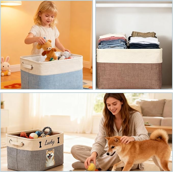 Personalized Dog Toy Basket Custom Pet Toy Box with Name Photo Customized Storage Foldable Organizer Bins for Toys Clothing