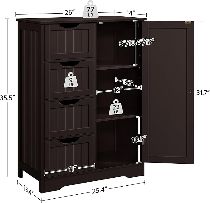 Yaheetech Large Bathroom Floor Cabinet with 4 Drawers and Single Door Cabinet, Freestanding Storage Cabinet for Living Room Kitchen Hallway, Espresso