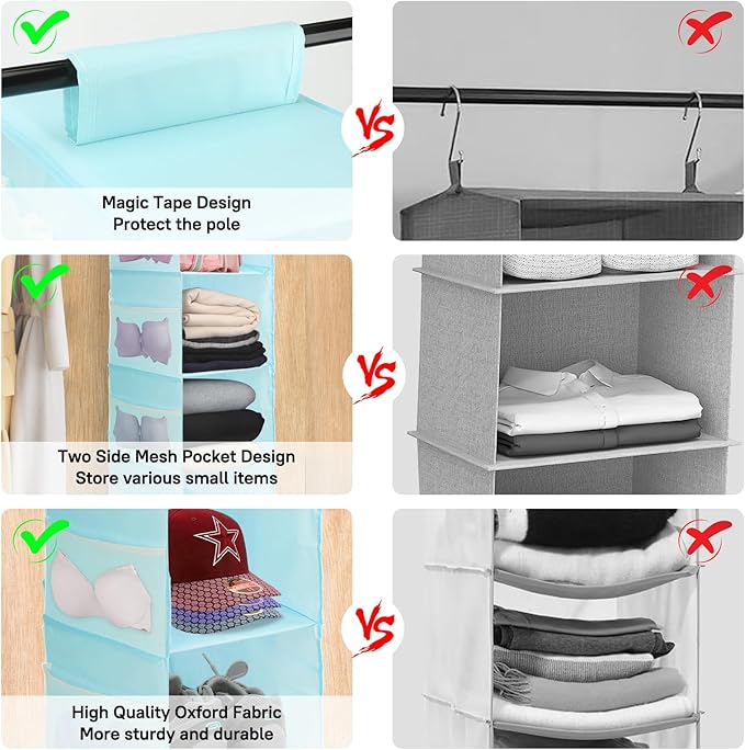 PetsHome 4-Shelf Hanging Closet Organizer, Space Saver, Closet Hanging Storage Shelves with Mesh Pockets & Magic Tap for Storage, Foldable-Blue