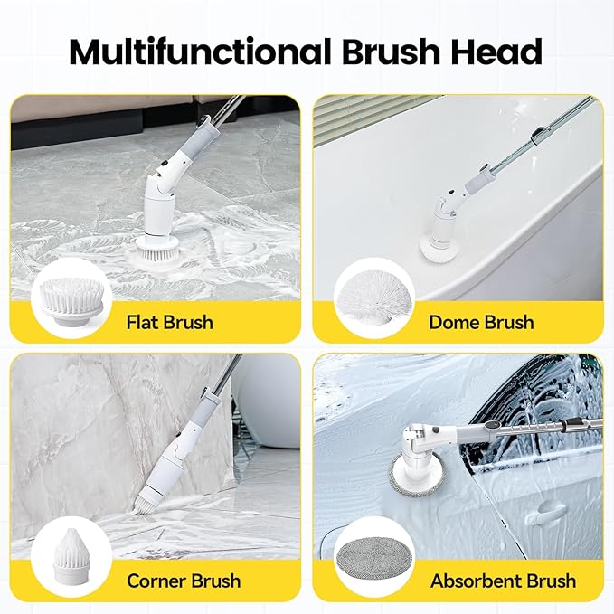 StarVal Electric Spin Scrubber, Cordless Cleaning Brush Shower Scrubber Up to 550 RPM with 9 Replaceable Brush Heads, Bathroom Scrubber Adjustable Extension Handle for Cleaning Bathroom Kitchen(Grey)