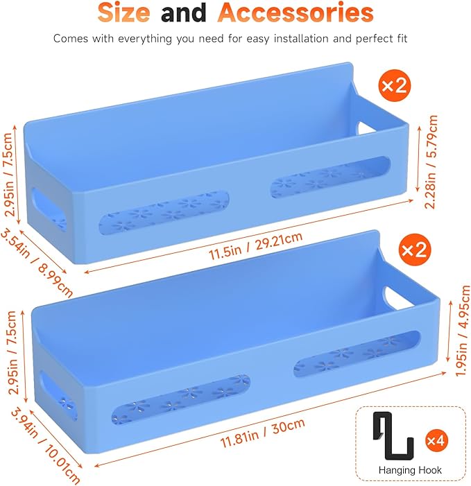 4 Pack Strong Magnetic Spice Rack for Refrigerator, Multipurpose Magnetic Shelf for Fridge with 4 Hooks for kitchen and Bathroom Organization, Blue