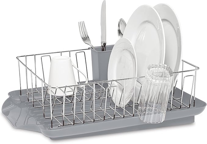 Farberware 3-Piece Large Capacity Dish Drying Rack Set with Drainboard and Utensil Holder, Rust-Resistant Kitchen Counter Dish Drainer