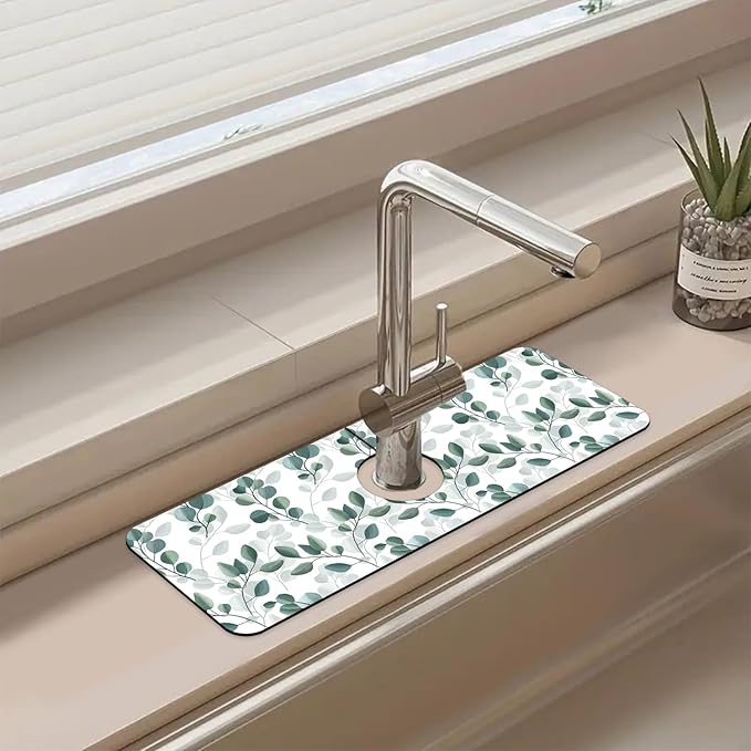 Sink Faucet Absorbing Mat Green Eucalyptus Leaf Sink Splash Guard Drying Mat for Kitchen Bathroom Faucet Sinkmat 15.5"X5.5"