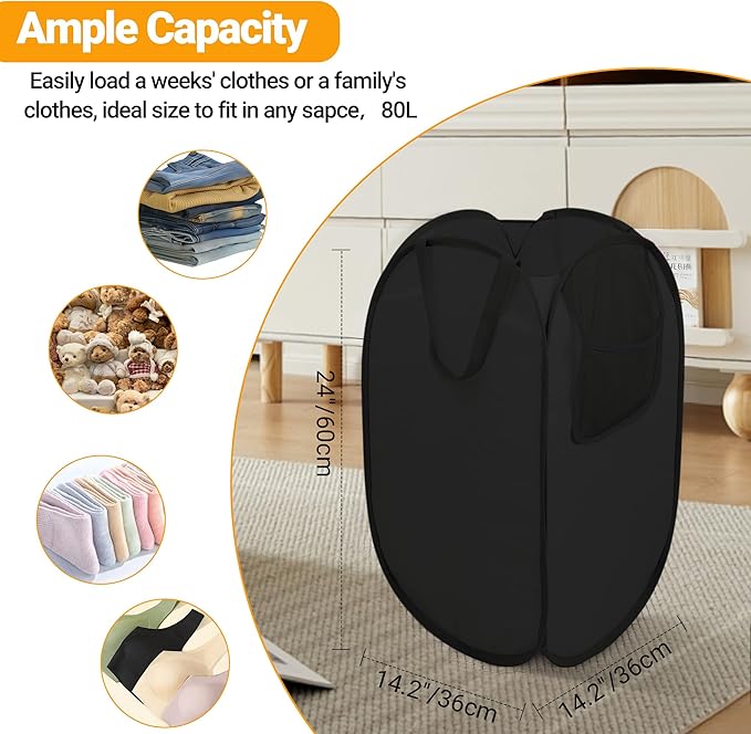 Pop Up Laundry Hamper with Side Pockets, Foldable Laundry Basket Reinforced, Privacy Protection Collapsible Basket, Sturdy and Lightweight Clothes Hamper for Dorm, Bedrooms, Bathrooms, Travel black