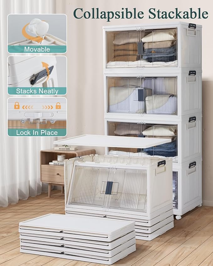OlarHike 97QT Stackable Storage Bins with Lids - Folding Storage Box with Doors and Wheels, Collapsible Plastic Storage Drawers for Closets and Organization, Garage, 4 Pack Cubes