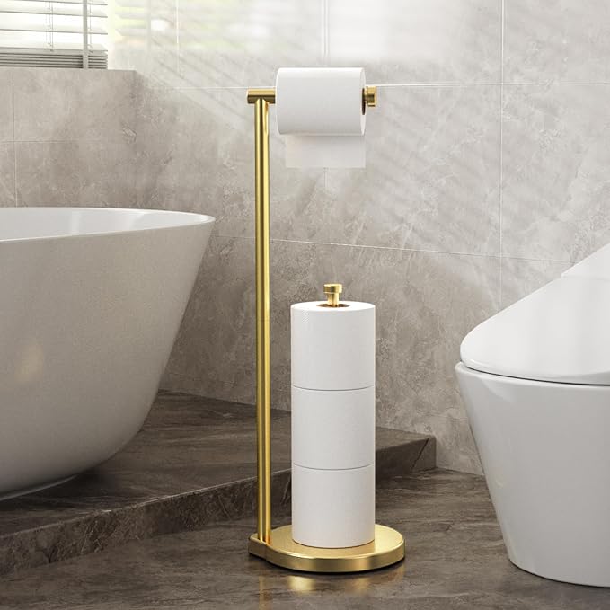 theaoo Heavy-Duty Toilet Paper Holder Stand – Modern Freestanding Bathroom Toilet Tissue Paper Roll Holder with Reserve & Storage, Stainless Steel (Brushed Gold, Free Standing)