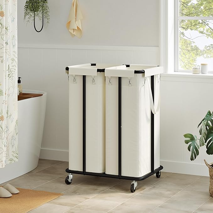 WOWLIVE Double Laundry Hamper with Wheels 170L Rolling Laundry Basket Organizer Laundry Cart with Steel Frame and Removable Bags Large Dirty Clothes Hamper Dorm Room Storage for Bedroom (Beige)