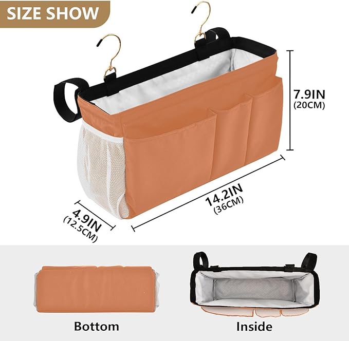 KOPIRIT Orange Bedside Caddy Storage Bag Bedside Organizer for Bed Rails College Dorm Room Hanging Bag Bedside Shelf 6 Pockets with Hooks for Glasses Book Tablet Holder