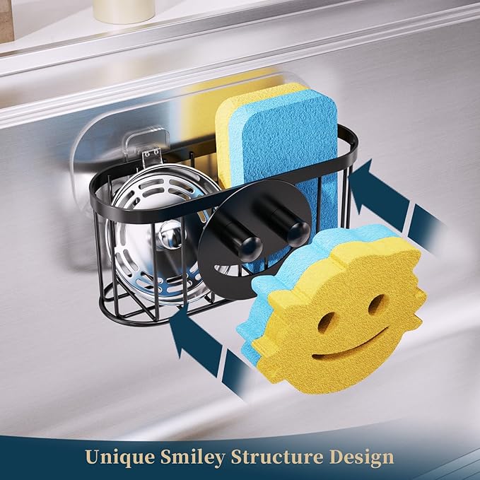Consumest Sponge Holder Smiley Face - Kitchen Sink Caddy, Sink Organizer with Removable Suction Cups & Adhesive Strips, Suit for Sponge, Soap, Black