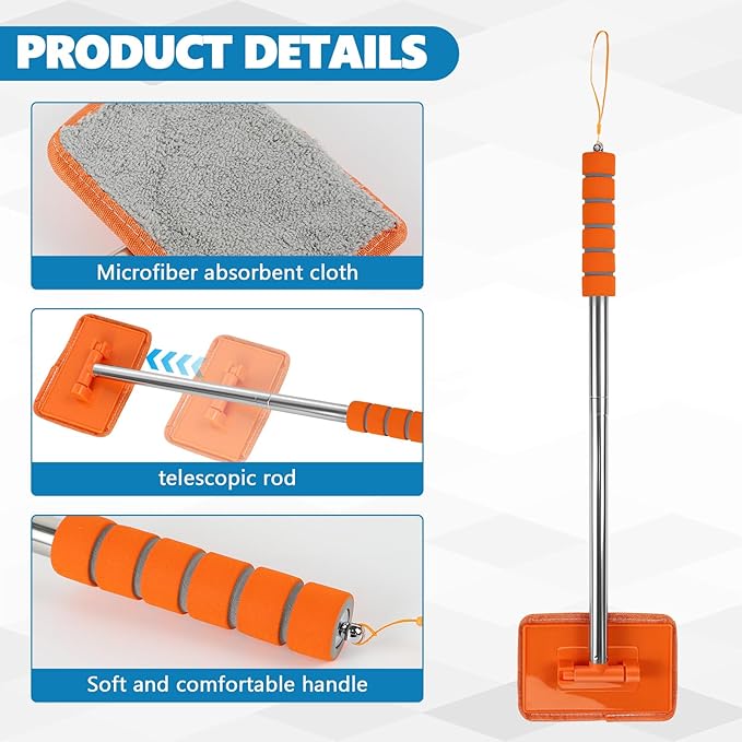Car Windshield Cleaning Tool, Car Windshield Window Cleaner, Auto Glass Wiper Tool with Extendable Handle & Reusable Microfiber Pad, Universal Vehicle Cleaning Car Accessories (Orange)