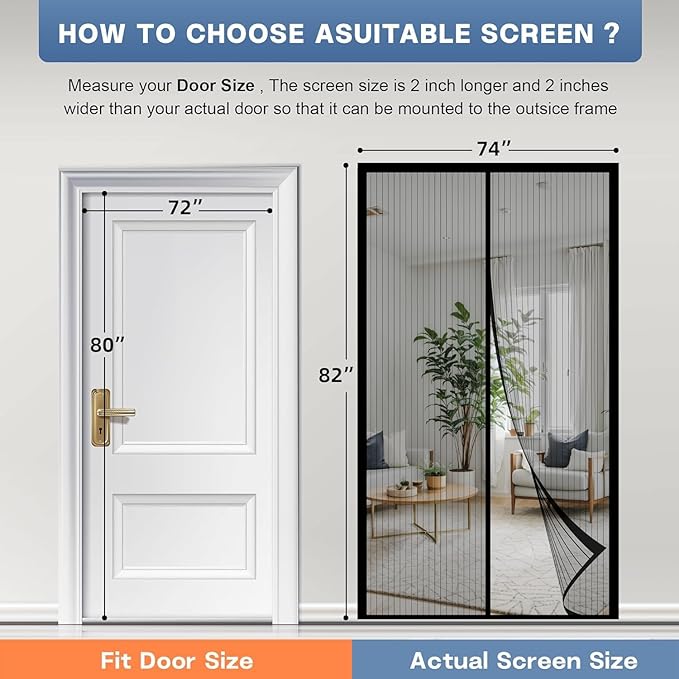 Magnetic Screen Door Mesh 74" x 82" - Fits 72" x 80" Door Size, Works for Patio, Sliding Door, Keeps Bug Mosquito Out, Fresh Air Flow, Black