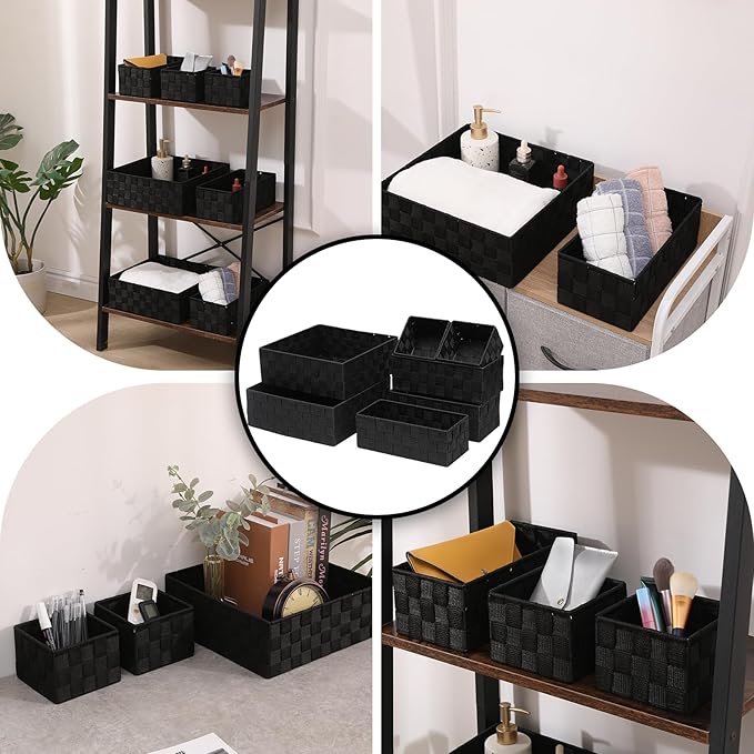 Storage Bins Woven Organizer Set of 7 – Polypropylene Storage Baskets with Metal Frame, Stackable Fabric Boxes for Drawers, Closet, Shelf, Nursery and Office, Black