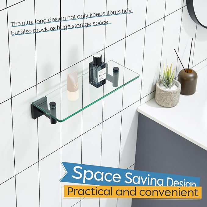 KOKOSIRI Bathroom Shelves Glass Floating Shelf 12-Inch for Bedroom, Living Room, Kitchen, Small Hanging Rack Rustproof Wall Mounted Black B1105BK-L12