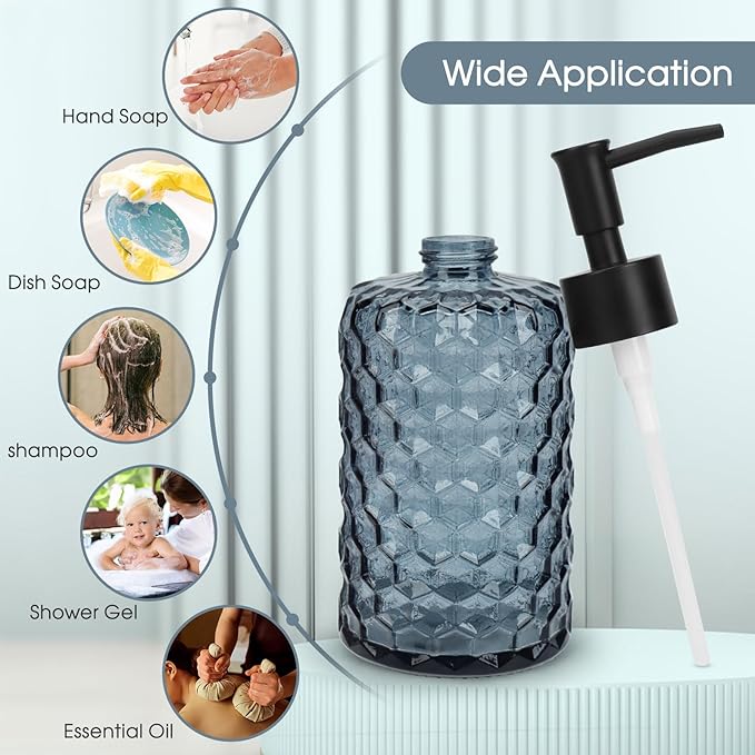 Topsky 2 Pack Glass Soap Dispenser with Plastic Pump, 475ml Liquid Hand Soap Dispenser, Rustproof Pump for Kitchen & Bathroom, Great for Lotions, Essential Oil, Liquid Soaps-Grayish Blue
