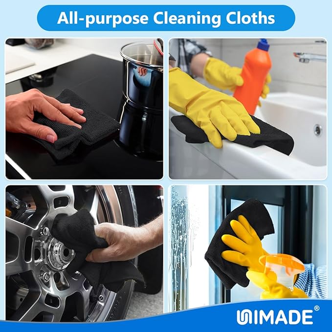 Microfiber Cleaning Cloth, 20 Pack Reusable Microfiber Towels for Cars Lint Free Cleaning Shop Towel Rags for Home Kitchen Automotive Bar Mechanic Restaurant Garage, 11.5"x 11.5", Black