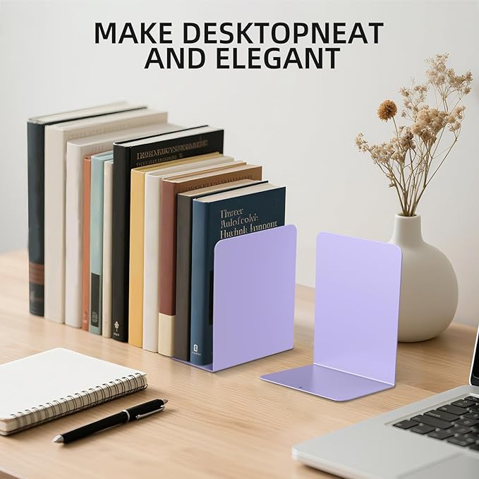 Book Ends, 2 Pieces Metal Bookend for Shelves, Bookends for Heavy Books, Book Holders for Shelves, Desk Organizers, Book Dividers for Office, School, Bookstore, Home